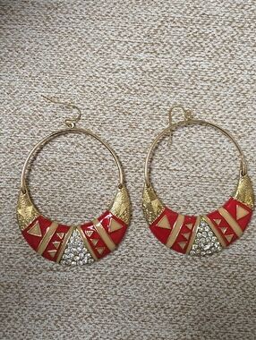 Able Gold Hoop Earrings with Red Enamel and Crystal Accents